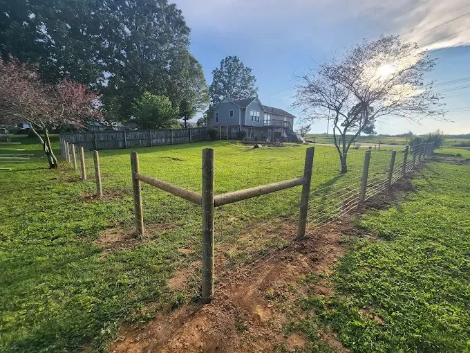 Board farm fence running to a wide field opening in Madison County, TN