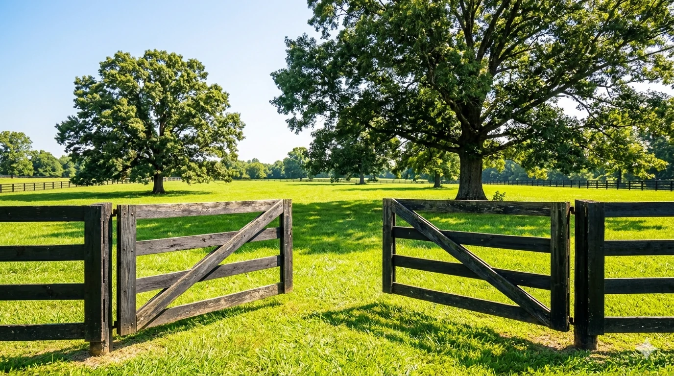 Wood farm gates open to a green pasture in West Tennessee