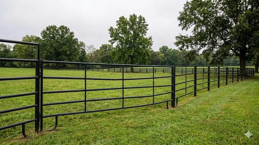 Steel pipe ranch fence and entry along a gravel drive
