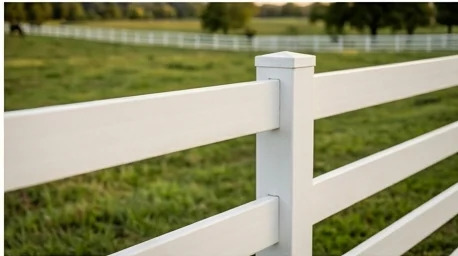 White vinyl three rail fence along a drive