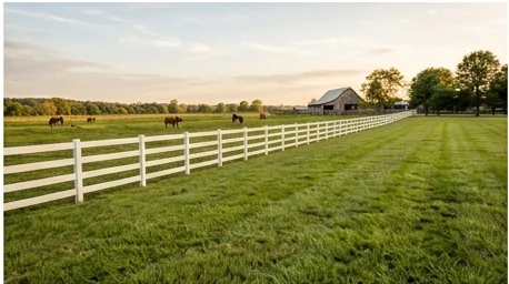 White horse fence around a green pasture