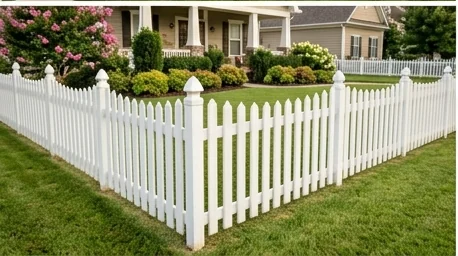 White vinyl picket fence with a gate along a residential walkway
