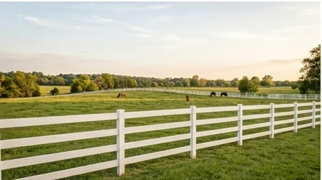 White vinyl ranch rail fence along a drive