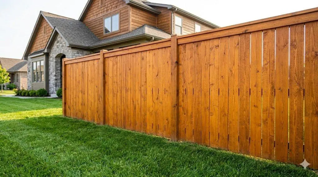 Stained wood privacy fence along a residential back yard