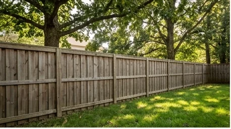 Dog-ear wood privacy fence boards set board-on-board